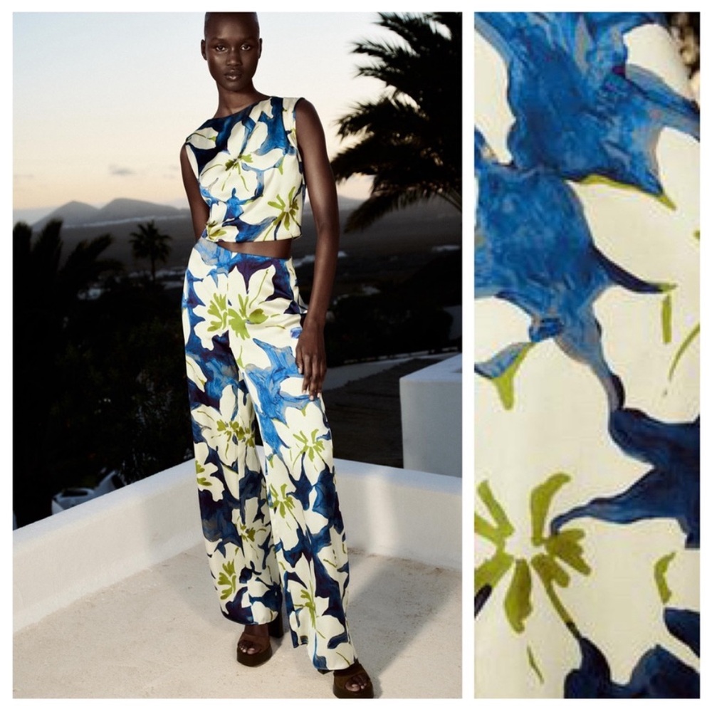 Zara Blue and White Floral Wide Leg Jumpsuit